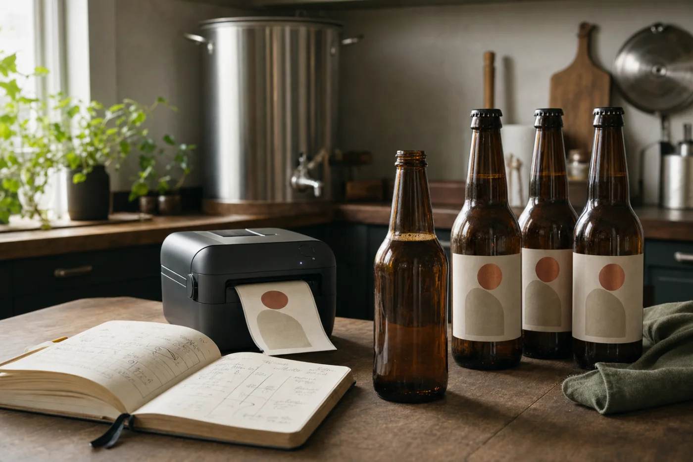 Amber home-brew bottles beside a compact label printer and brewing notebook