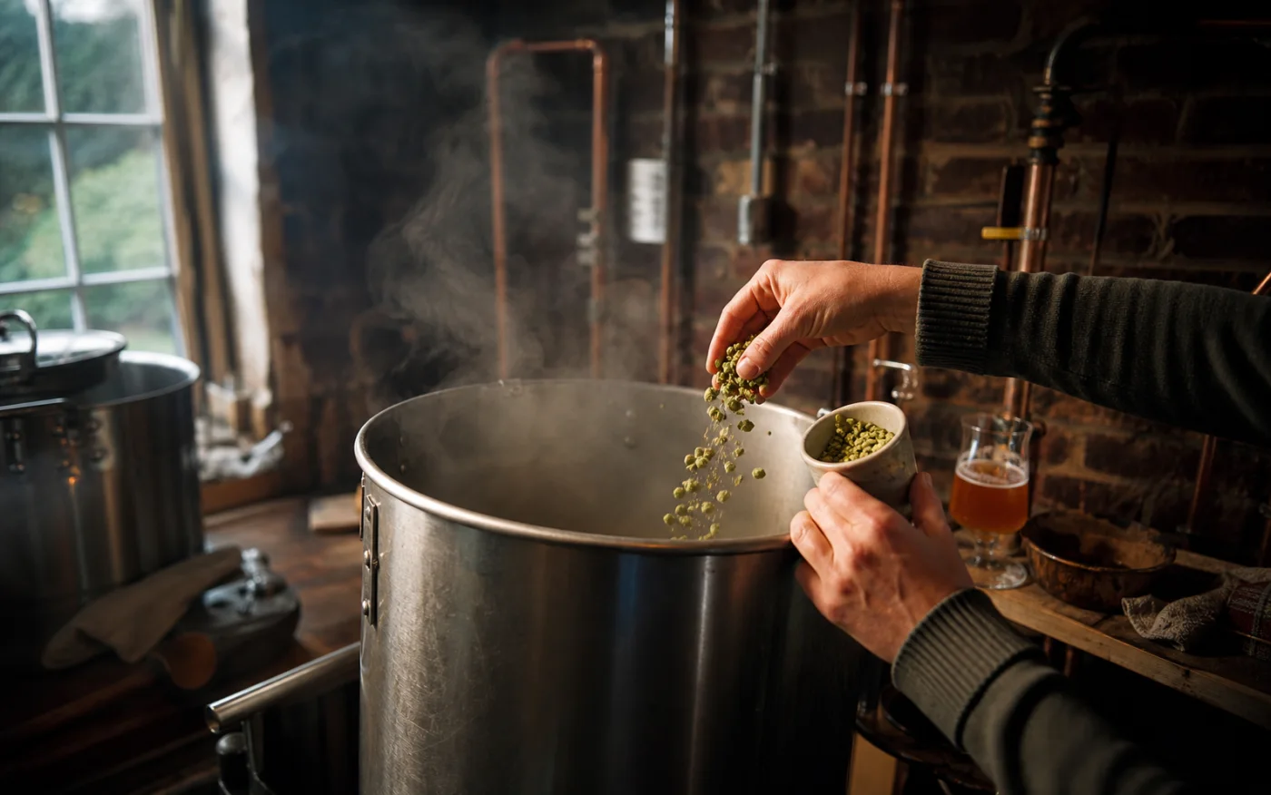 A home brewer adding hops to a steaming stainless-steel kettle