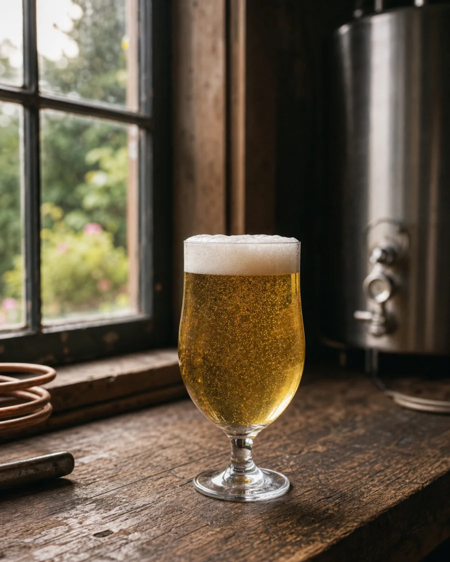 A freshly poured golden home-brewed lager beside a garden window
